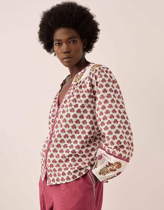 East Karmen Hand Woodblock Cotton Top, Pink (PINK), large
