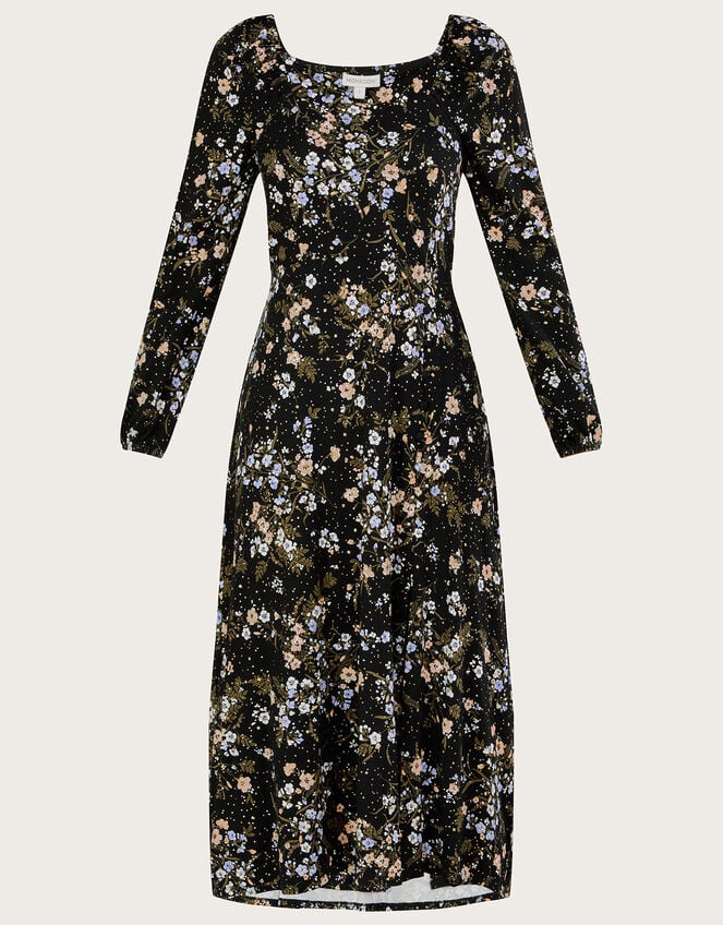 Floral Square Neck Split Jersey Dress, Black (BLACK), large