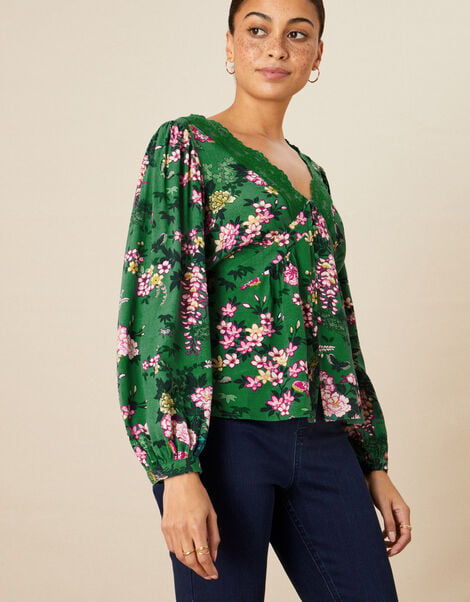 Print Lace Trim Shirt  Green, Green (EMERALD), large