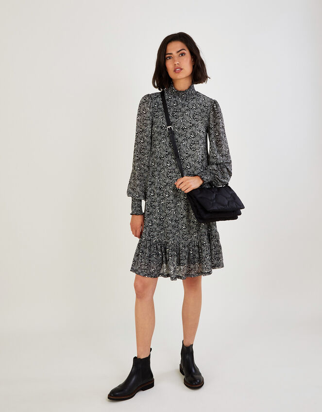 Smock High Neck Paisley Jersey Dress, Black (BLACK), large