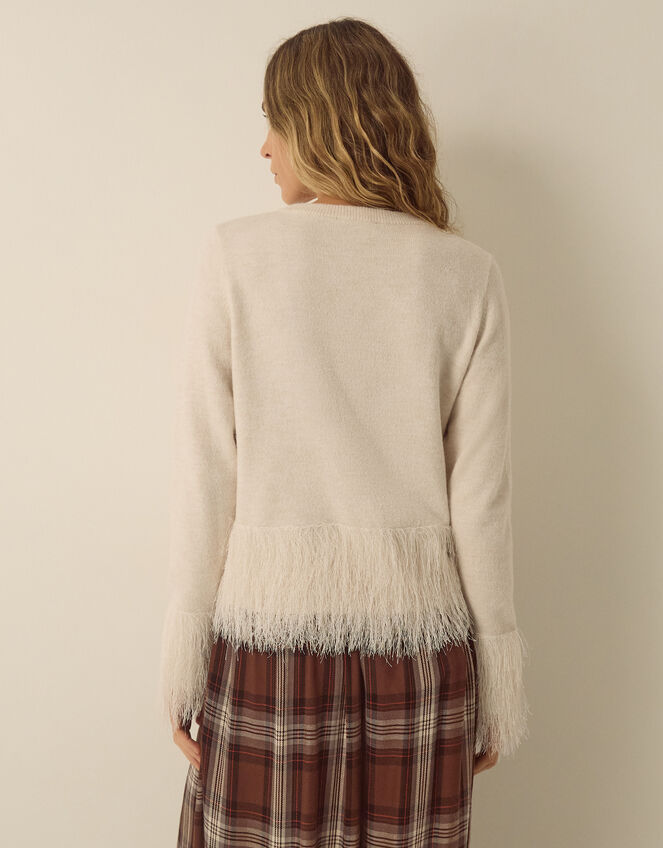 Fina Fringe Crew Neck Cardigan, Ivory (IVORY), large
