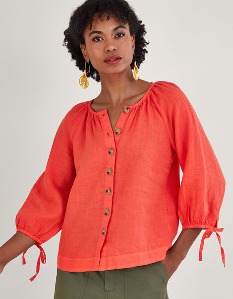 Round Neck Tie Cuffs Linen Blouse, Red (RED), large