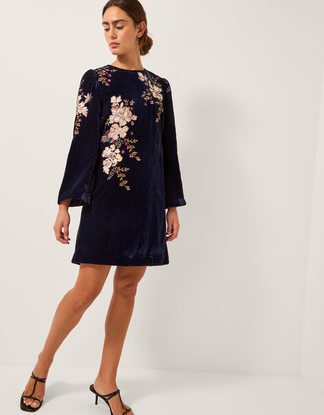Fallon Floral Embroidered Velvet Mini Dress, Blue (NAVY), large