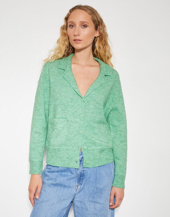 Cora V-Neck Collared Cardigan, Green (GREEN), large
