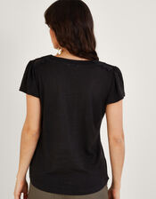 Lace V-Neck Short Sleeve Top in Linen Blend, Black (BLACK), large