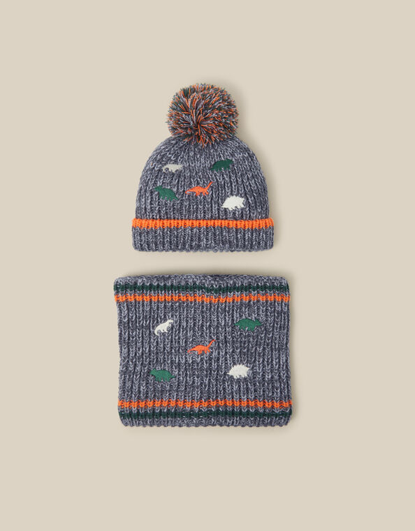 Dino Bobble Hat & Snood Set, Grey (GREY), large