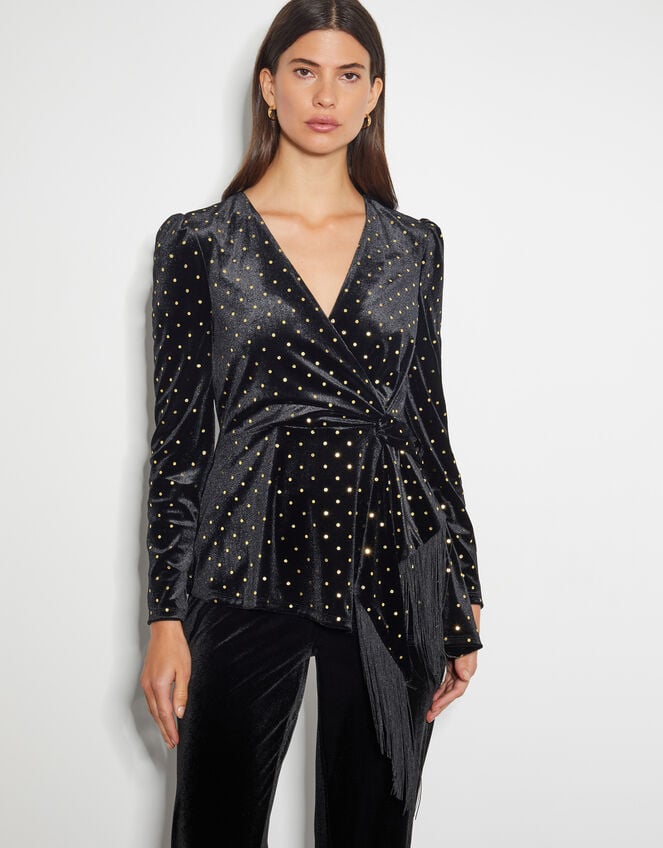 Fable V-Neck Spot Velvet Top, Black (BLACK), large