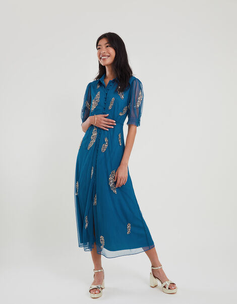 Melissa Feather Embellished Shirt Dress Blue, Blue (AQUA), large