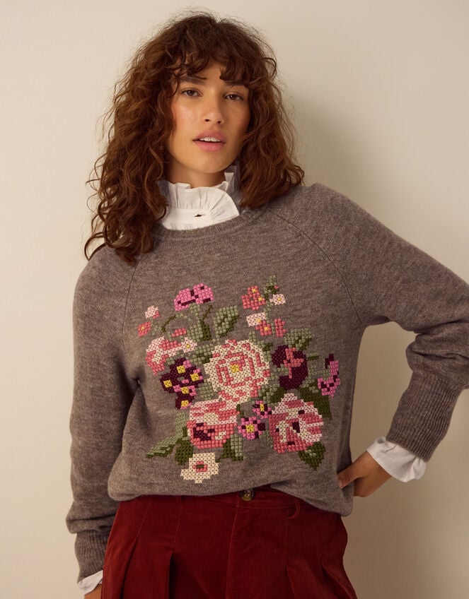 Carri Floral Cross Stitch Crew Neck Jumper, Mink (MINK), large