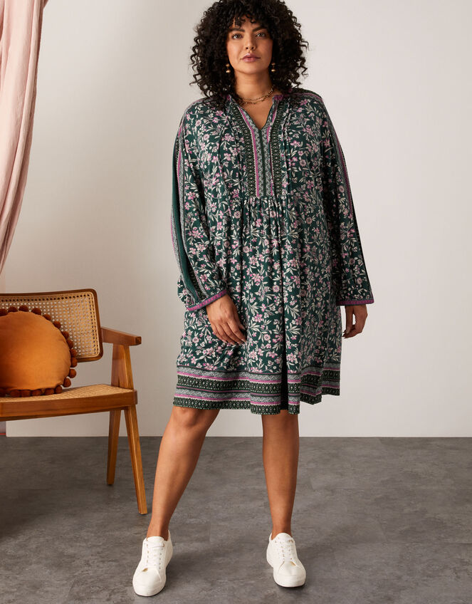 Floral Print Bead Jersey Short Dress, Green (GREEN), large