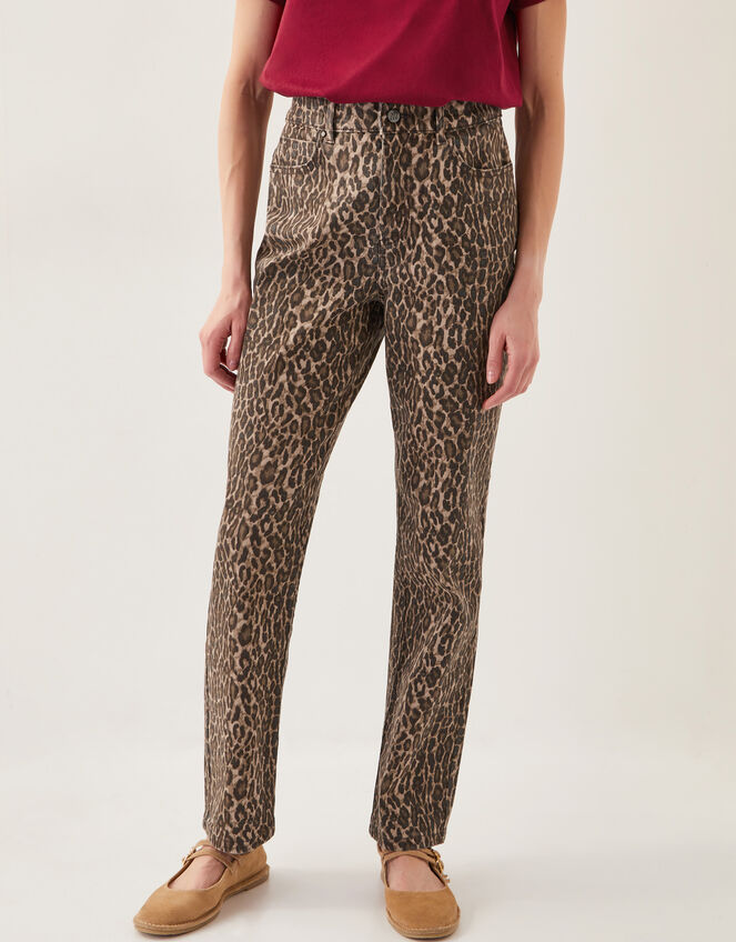 Annie Leopard Print Straight Leg Jeans, Brown (BROWN), large