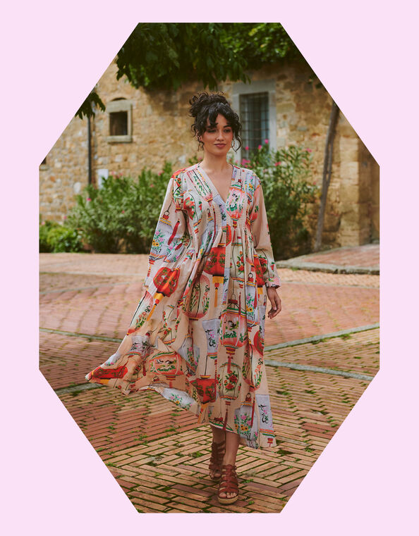 One Hundred Stars Lanterns Print Maxi Dress, Red (RED), large