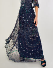 Lily Embellished Maxi Dress with Recycled Polyester , Blue (NAVY), large