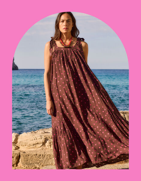 East Paola Sleeveless Polka Dot Maxi Dress, Brown (BROWN), large
