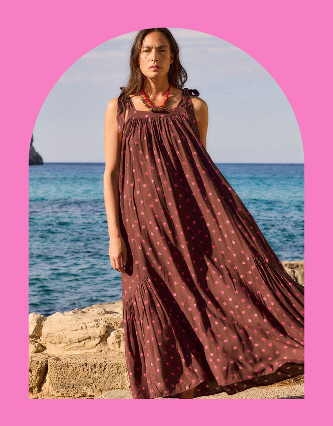 East Paola Sleeveless Polka Dot Maxi Dress, Brown (BROWN), large