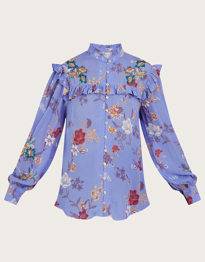 Floral Print Embroidered Blouse in Sustainable Viscose, Blue (BLUE), large