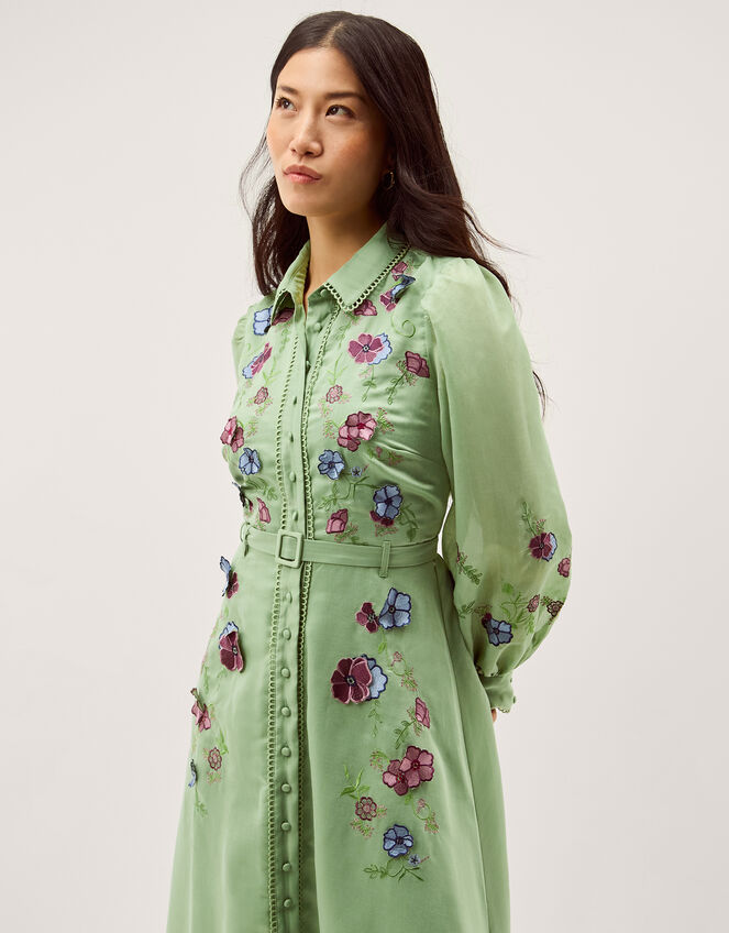 Orla Floral Embroidered Midi Shirt Dress, Green (GREEN), large