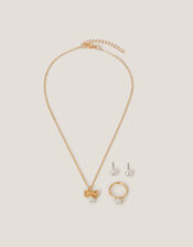 Pearl Bow Pendant Jewelry Set, Gold (GOLD), large