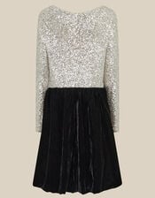 Long Sleeve Sequin Velvet Party Dress, Black (BLACK), large
