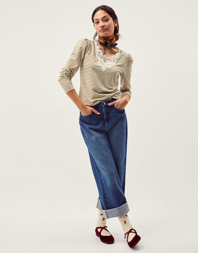 Lauren Lace Stripe Jersey Top, Ivory (IVORY), large