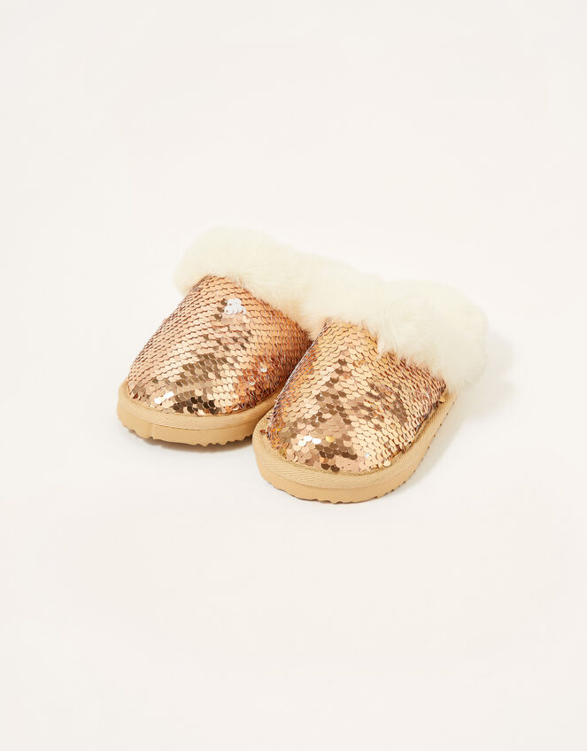 Sequin Fluffy Slippers, Gold (ROSE GOLD), large