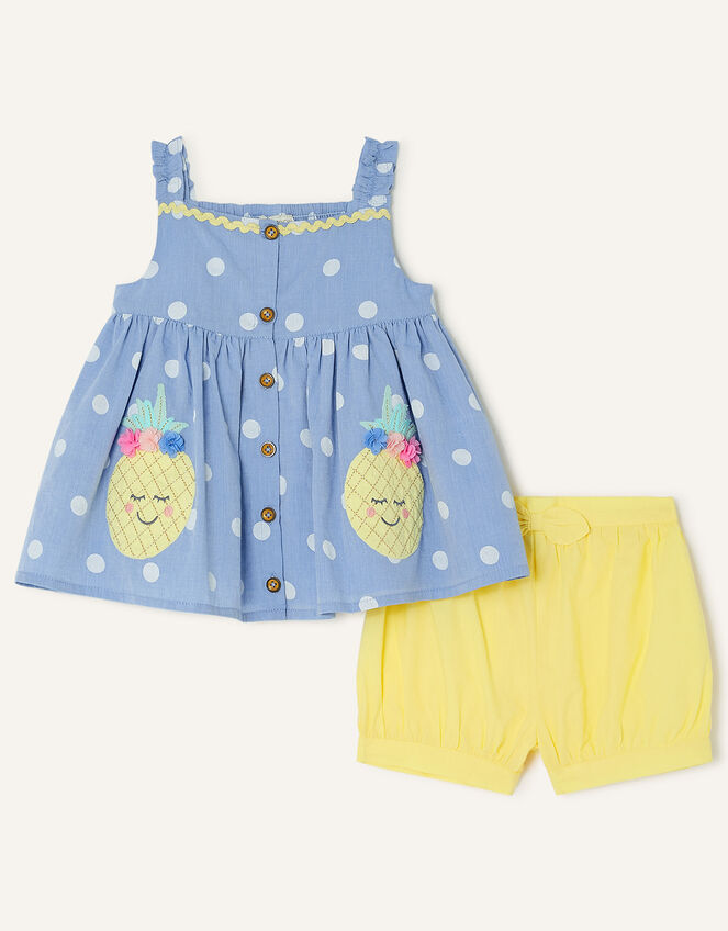 Baby Pineapple Spot Chambray Top and Shorts Set, Blue (BLUE), large