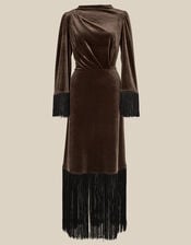 Tegan Long Sleeve Fringe Velvet Maxi Dress, Brown (CHOCOLATE), large