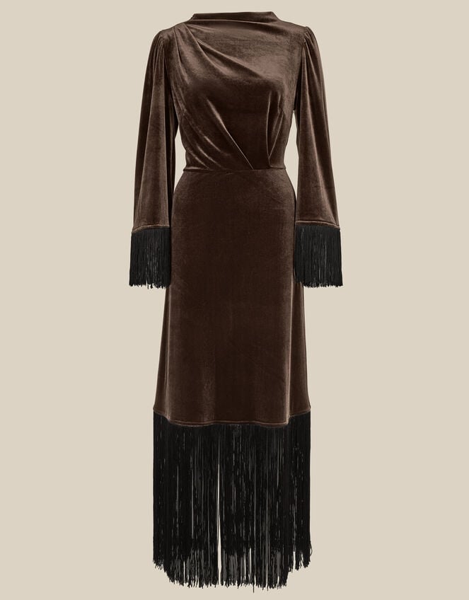 Tegan Long Sleeve Fringe Velvet Maxi Dress, Brown (CHOCOLATE), large