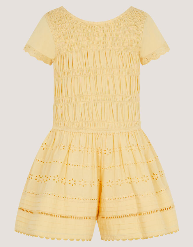 Smocked Broderie Playsuit, Yellow (YELLOW), large