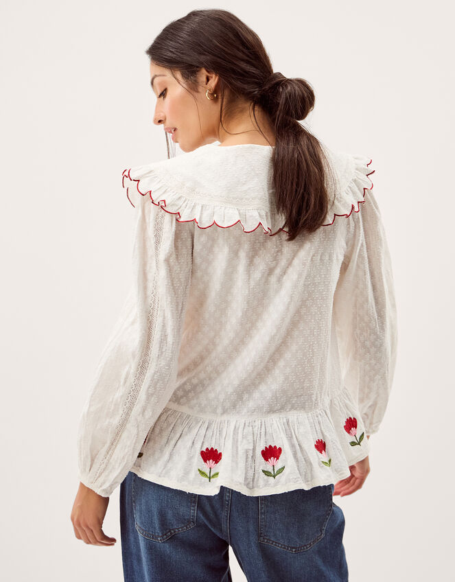 Talia Tulip Embroidered Scallop Collar Top, White (WHITE), large