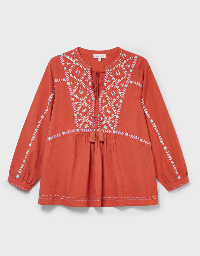 East Enda Embroidered Cotton Blouse, Orange (RUST), large