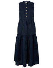 Tiered Midi Dress in Pure Linen, Blue (NAVY), large