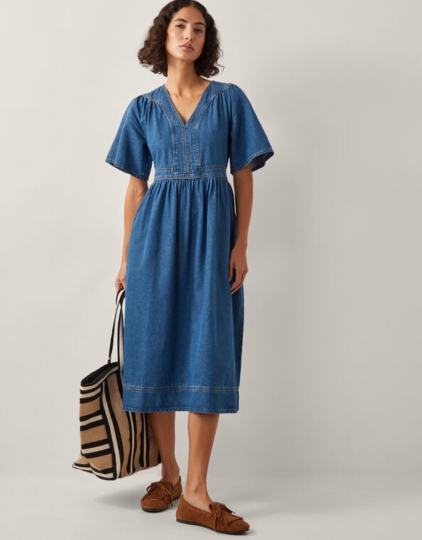 Lydia Short Sleeve Denim Midi Dress, Blue (MID INDIGO), large