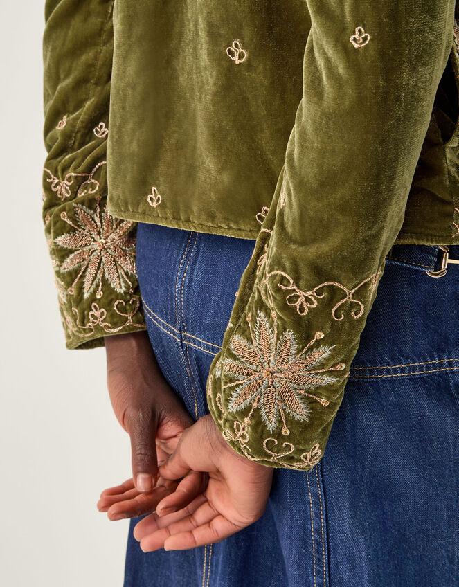 Magda Floral Embroidered Velvet Jacket, Green (KHAKI), large