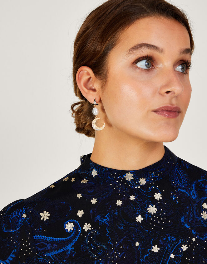 Pearl Moon and Star Drop Earrings, , large