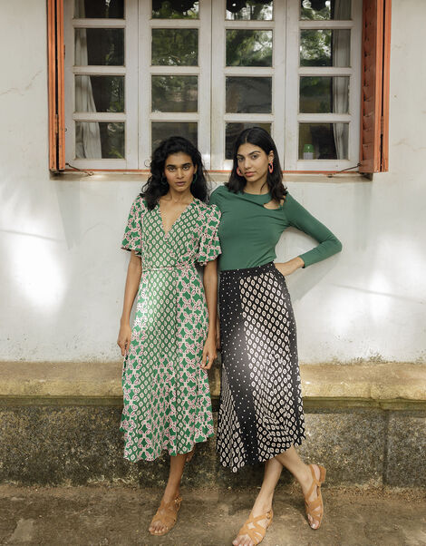 Contrast Geometric Print Wrap Midi Dress Green, Green (KHAKI), large