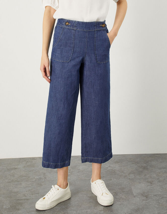 Wide Leg Crop Pull On Hemp Denim Jeans, Blue (DENIM BLUE), large