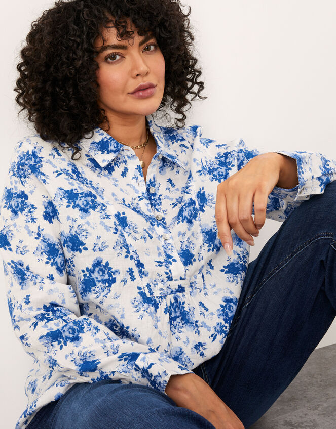 Floral Print Linen Shirt, Blue (BLUE), large