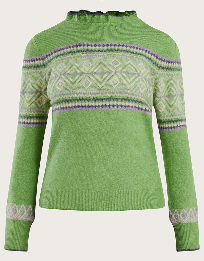 Frill Neck Fair Isle Jumper with Recycled Polyester Green