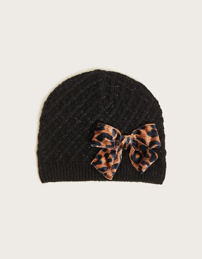 Velvet Leopard Bow Beanie Hat with Recycled Polyester, Black (BLACK), large