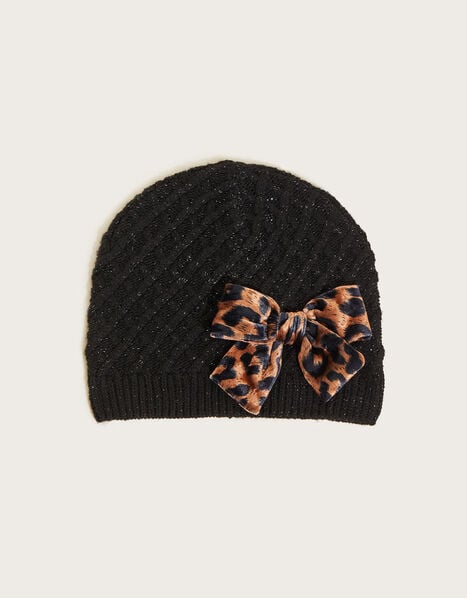 Velvet Leopard Bow Beanie Hat with Recycled Polyester Black, Black (BLACK), large