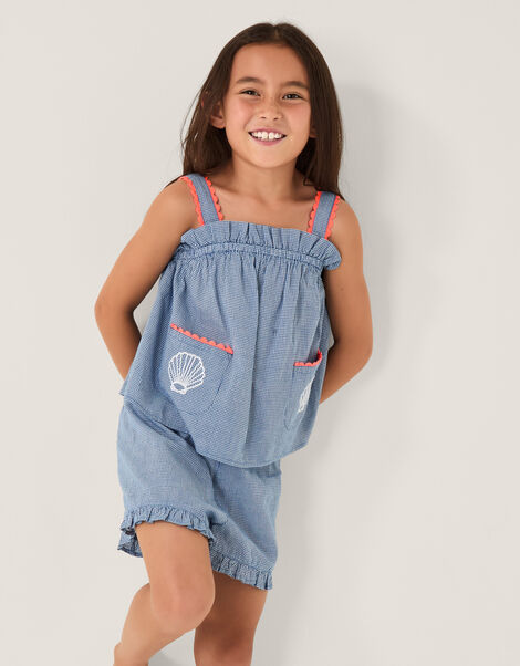 Embroidered Gingham Top & Shorts Set, Blue (BLUE), large