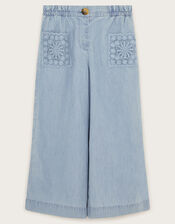 Wide Leg Chambray Pants, Blue (BLUE), large