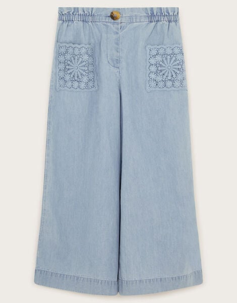 Wide Leg Chambray Trousers, Blue (BLUE), large
