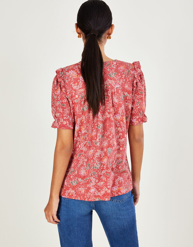 Puff Sleeve Floral Jersey Top with Sustainable Cotton, Red (RED), large