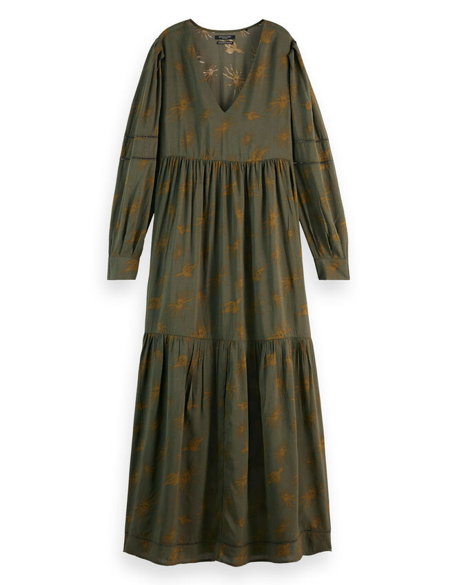 Scotch and Soda Bird Printed Maxi Dress, Green (OLIVE), large