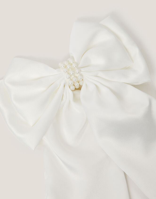 Long Pearl Satin Bow Hair Clip, , large