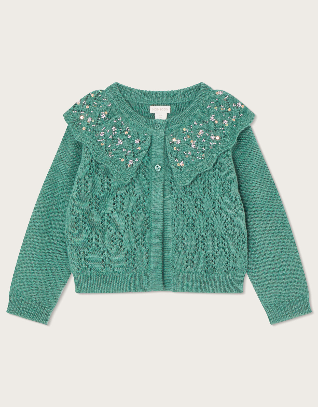 Pointelle Sequin Collar Cardigan Green