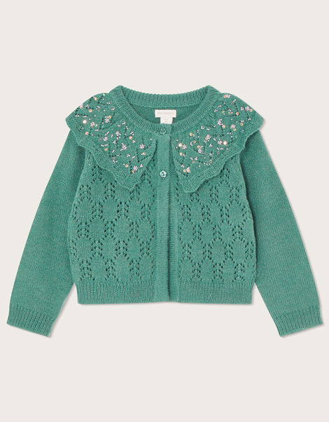 Pointelle Sequin Collar Cardigan, Green (GREEN), large
