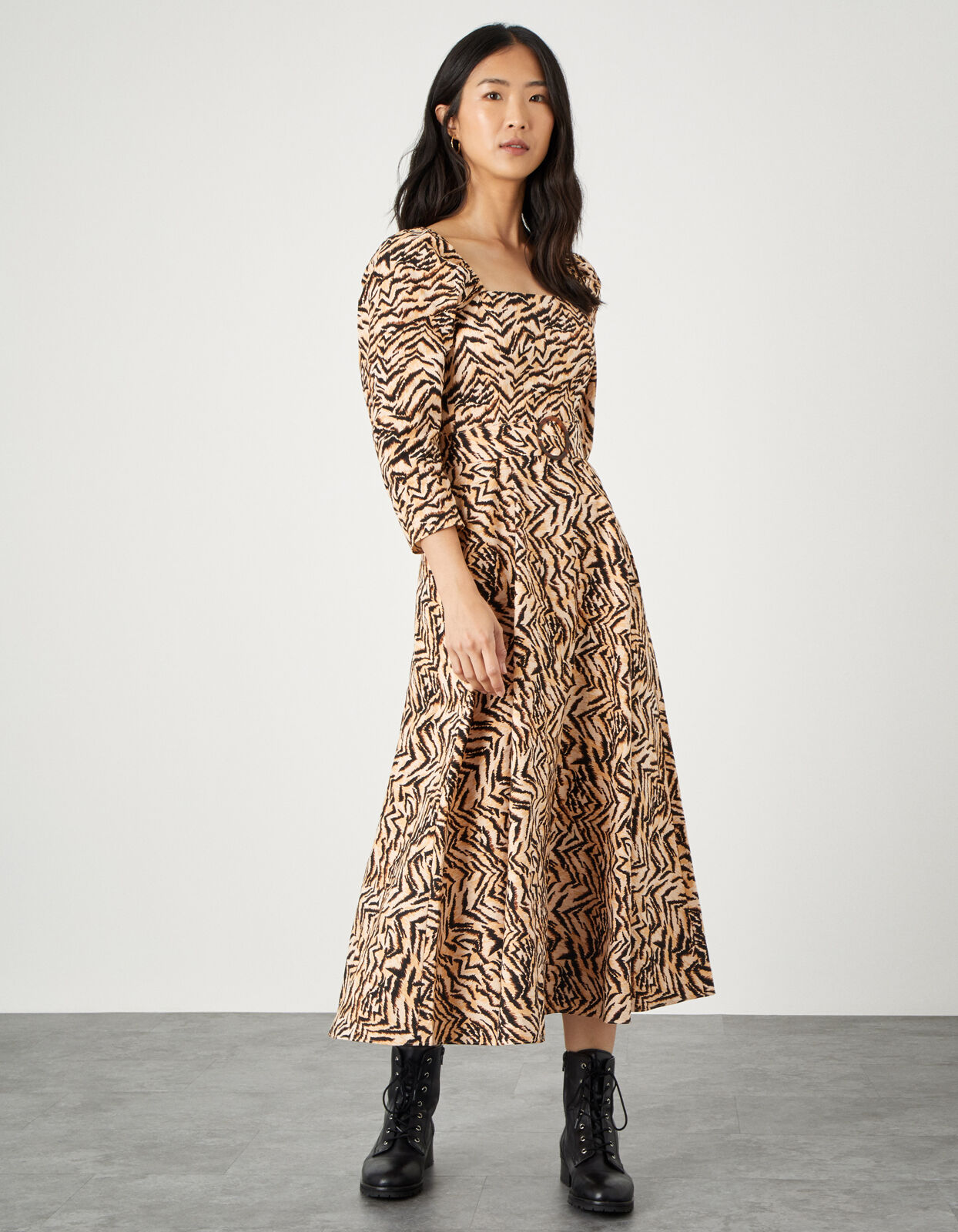 Angelina Animal Square Neck Dress Camel Monsoon Global